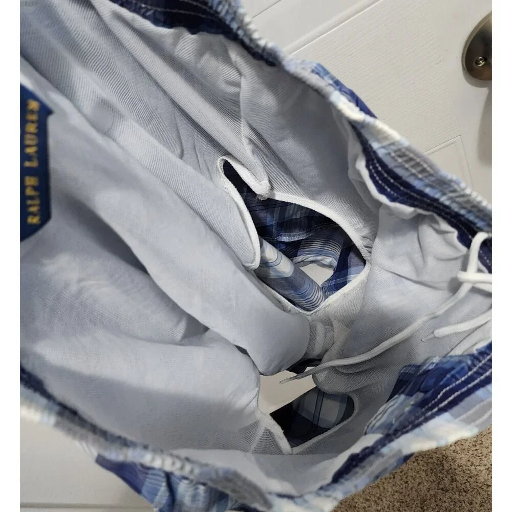 Polo Ralph Lauren Blue Plaid Drawstring Swim Shorts Trunks Size M‎ Yellow Pony